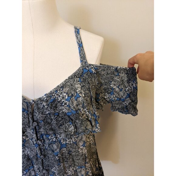 Womens Cold Shoulder Floral Blouse Blue Black Top Cottage Whimsical Vacay Sz XL - Picture 3 of 7